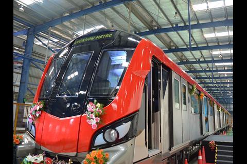 Ceremonial handover of the first Lucknow Metro trainset at Alstom's Sri City factory.